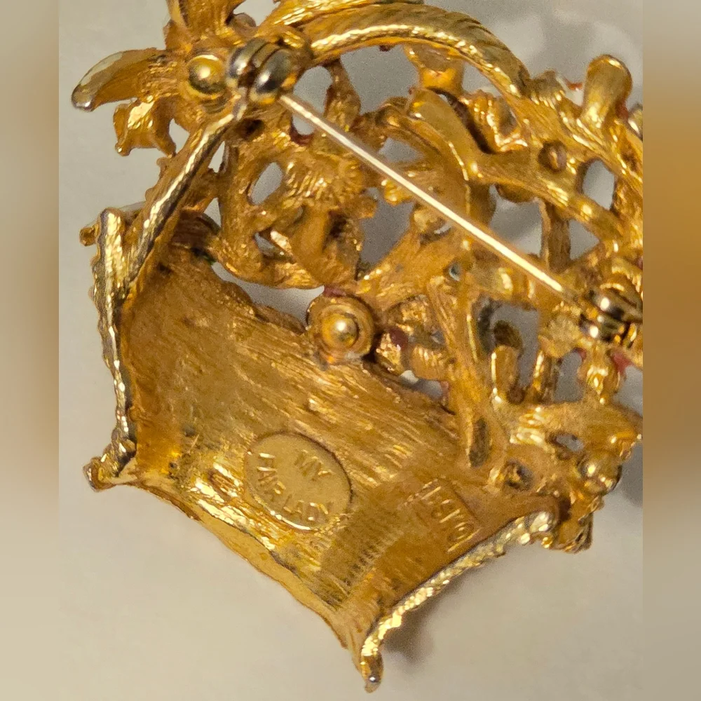 Vintage Signed BSK My Fair Lady Brooch Flower Basket Gold Tone Enamel Rhinestone